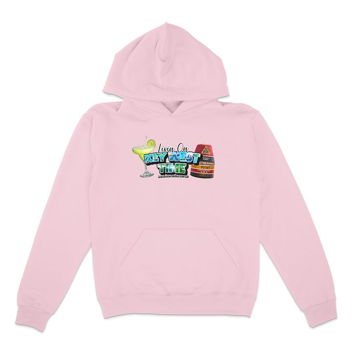 Pink hoodie with colorful graphic design on a white background