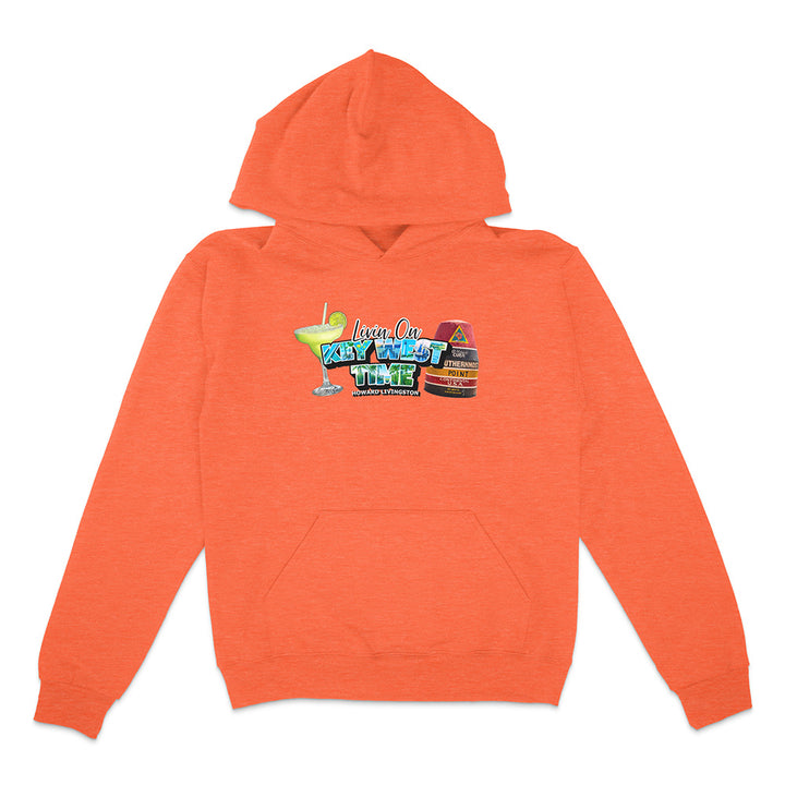 Orange hoodie with colorful graphic on a white background