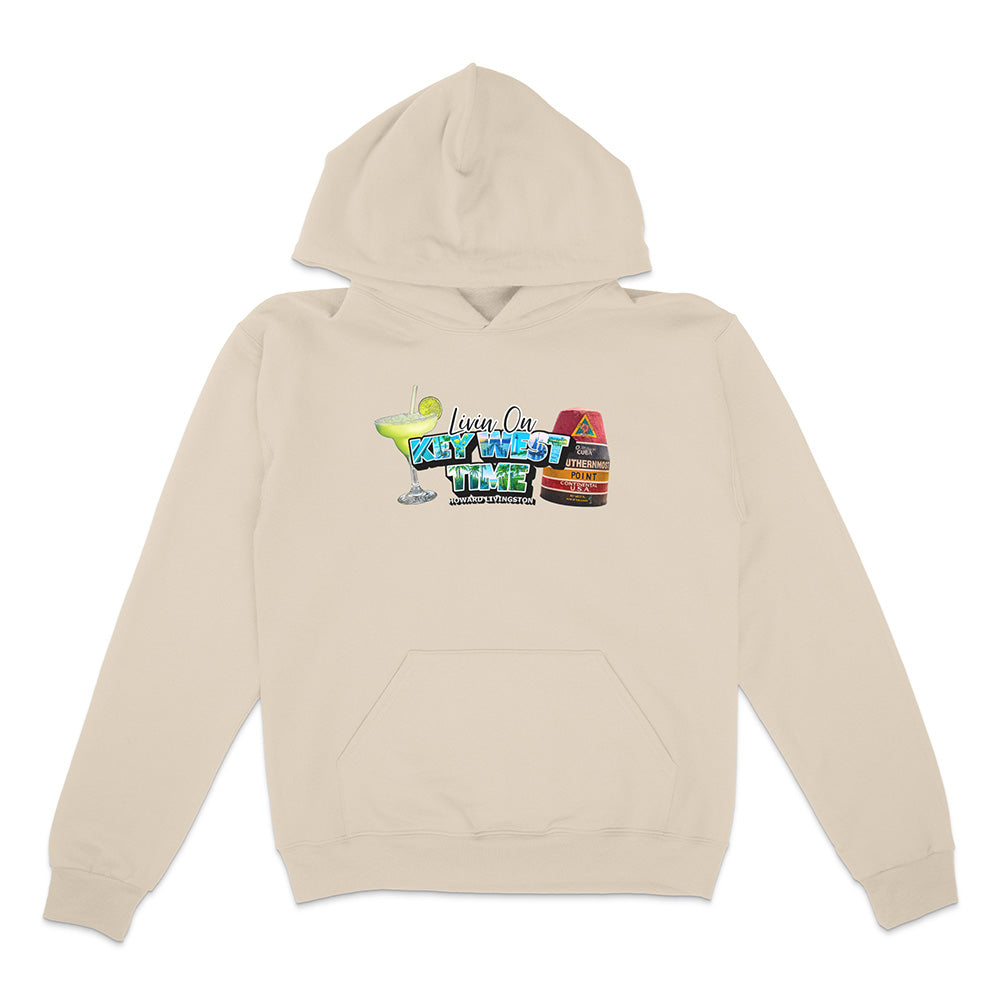 Beige hoodie with colorful graphic design on a white background