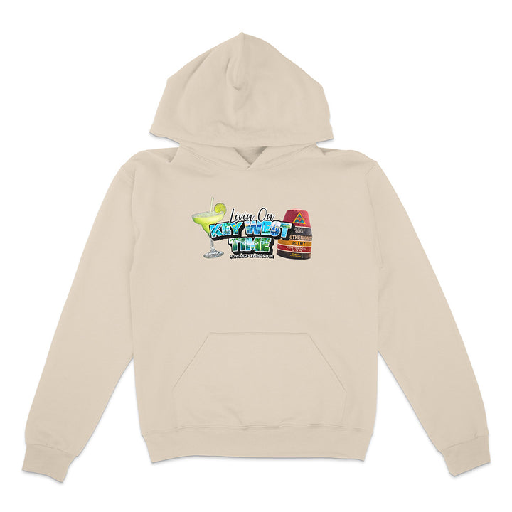 Beige hoodie with colorful graphic design on a white background
