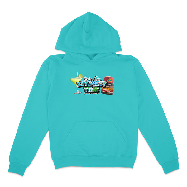 Turquoise hoodie with a colorful graphic on a white background
