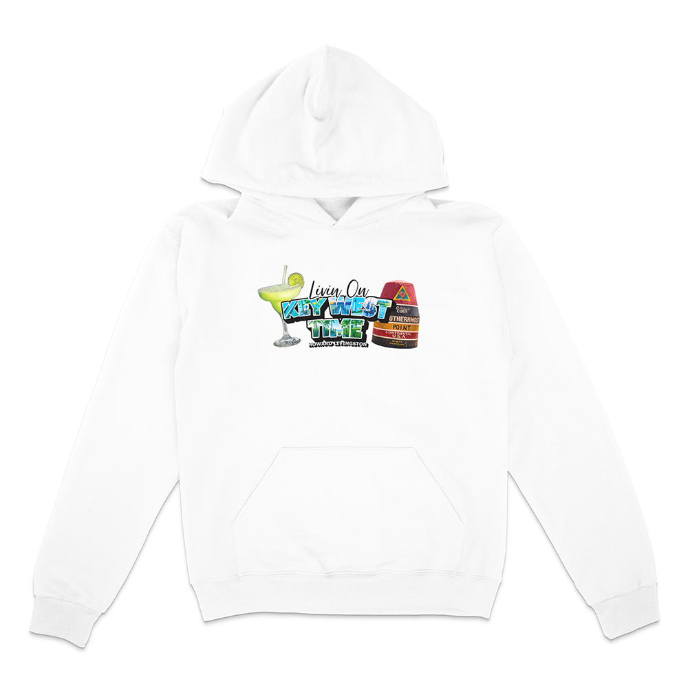 White hoodie with colorful graphic design on a white background