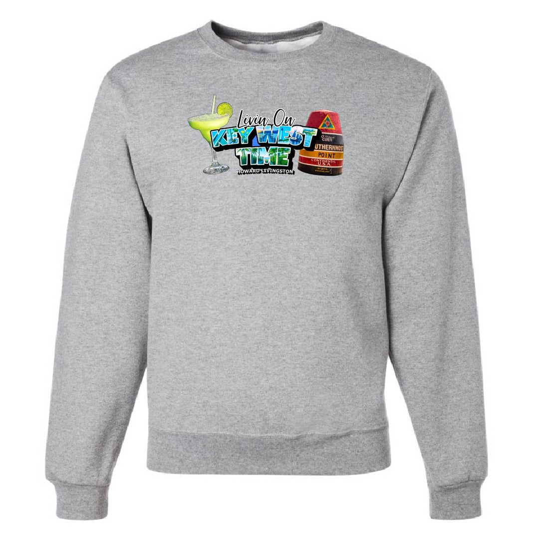 Gray sweatshirt with colorful graphic design on a white background