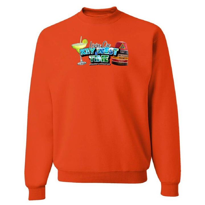 Orange sweatshirt with colorful graphic design on a white background