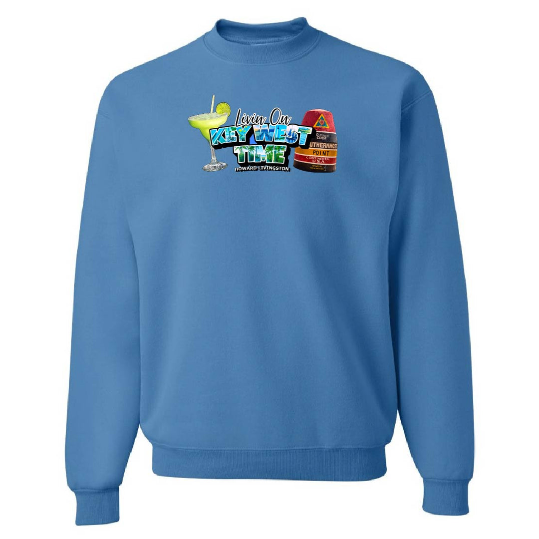 Blue sweatshirt with colorful graphic design on a white background