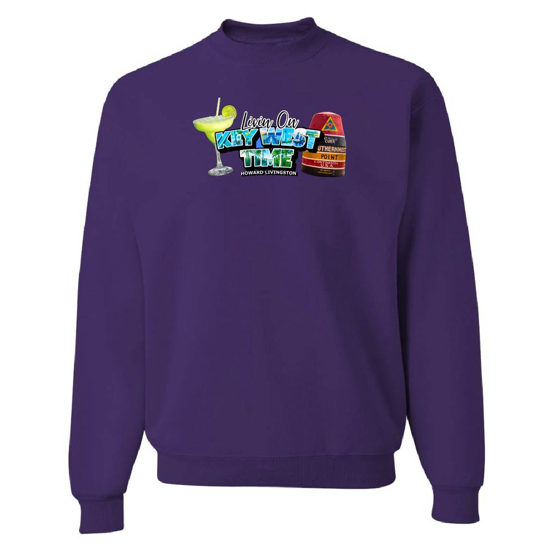 Purple sweatshirt with colorful graphic design on a white background