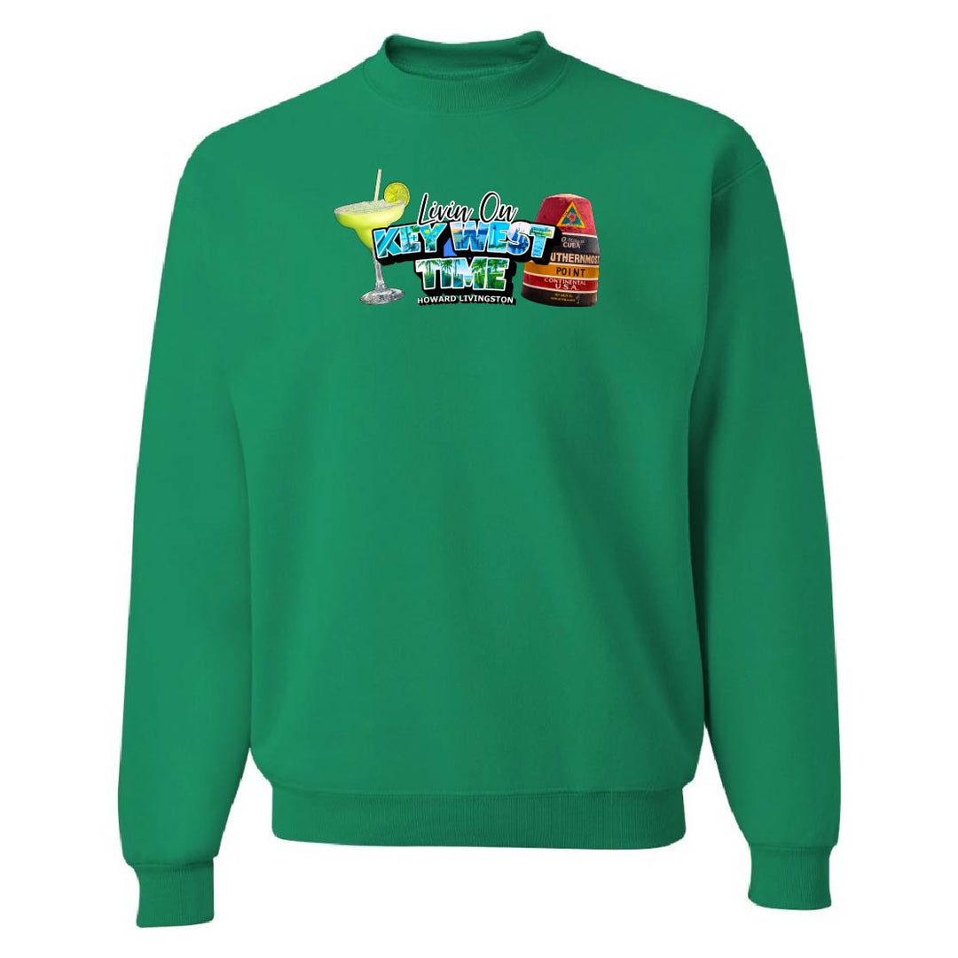 Green sweatshirt with colorful graphic design on a white background