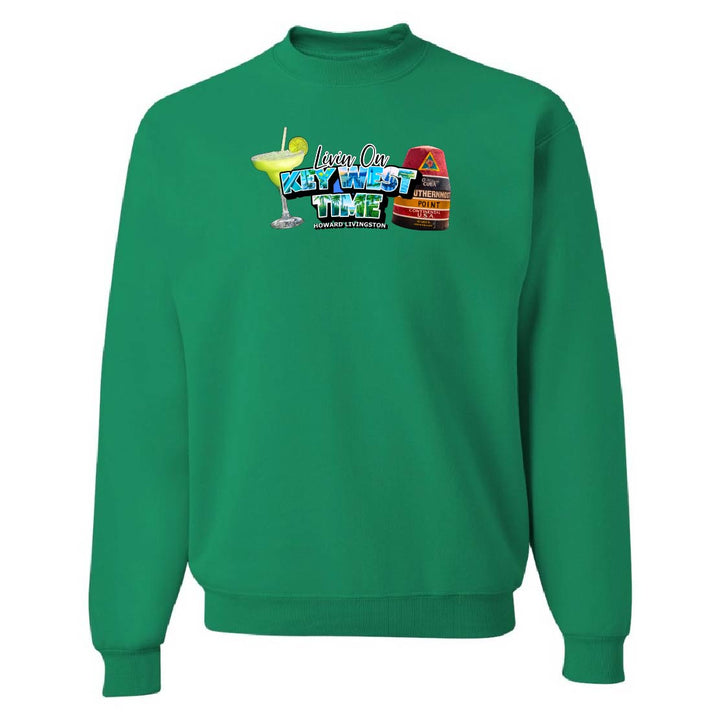 Green sweatshirt with colorful graphic design on a white background
