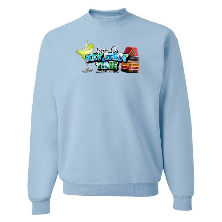 Light blue sweatshirt with colorful graphic design on a white background
