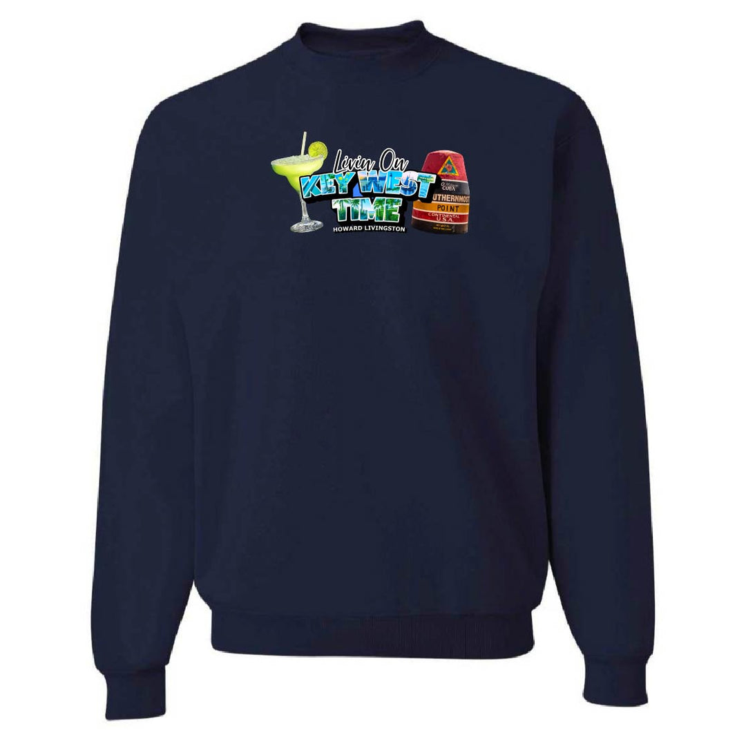 Navy blue sweatshirt with colorful graphic design on a white background