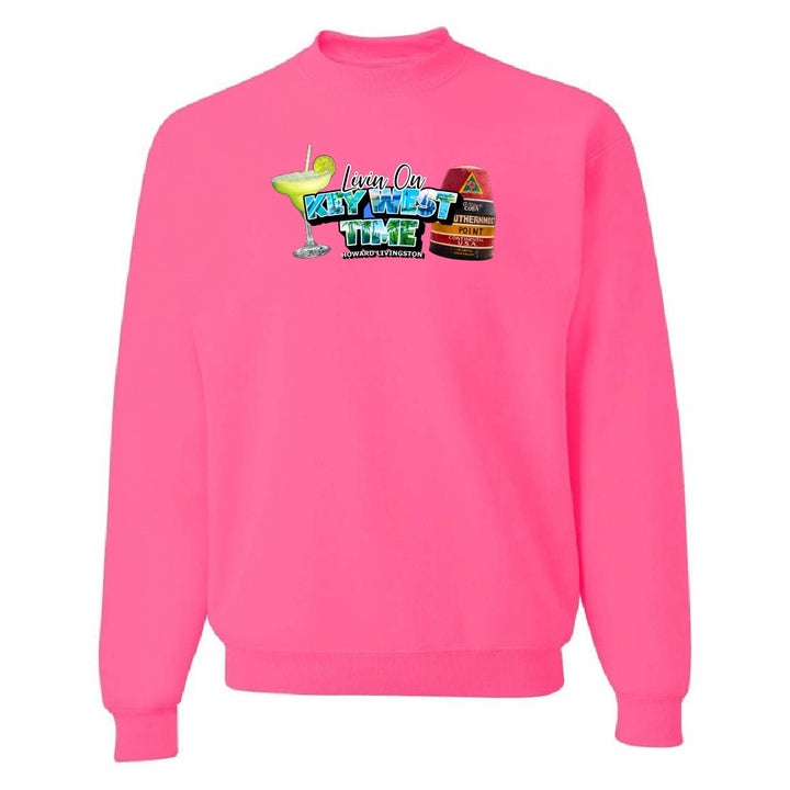 Pink sweatshirt with colorful graphic design on a white background