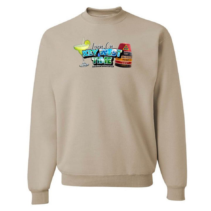 Beige sweatshirt with colorful graphic design on a white background