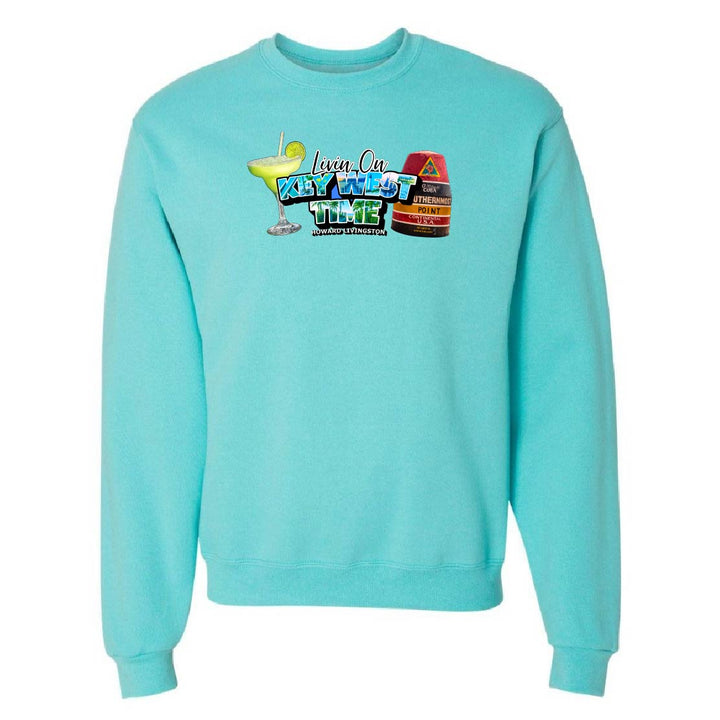 Turquoise sweatshirt with colorful graphic design on a white background