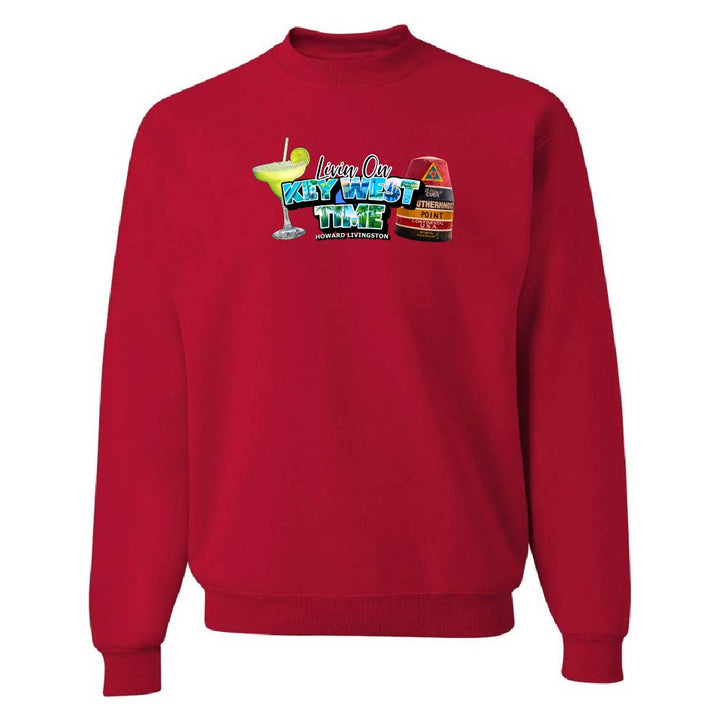 Red sweatshirt with colorful graphic design on a white background