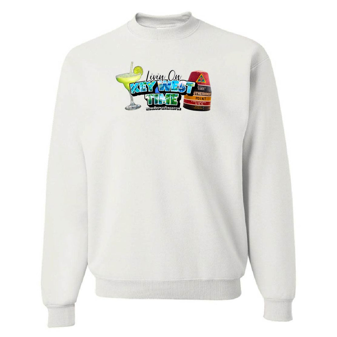 White sweatshirt with colorful graphic design on a white background