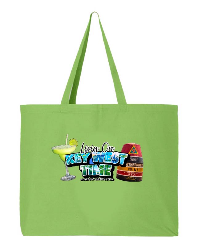 Green tote bag with a colorful design featuring a cocktail and southernmost point marker on a white background