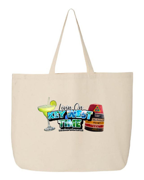 Natural-colored tote bag with a colorful design featuring a cocktail and southernmost point marker on a white background