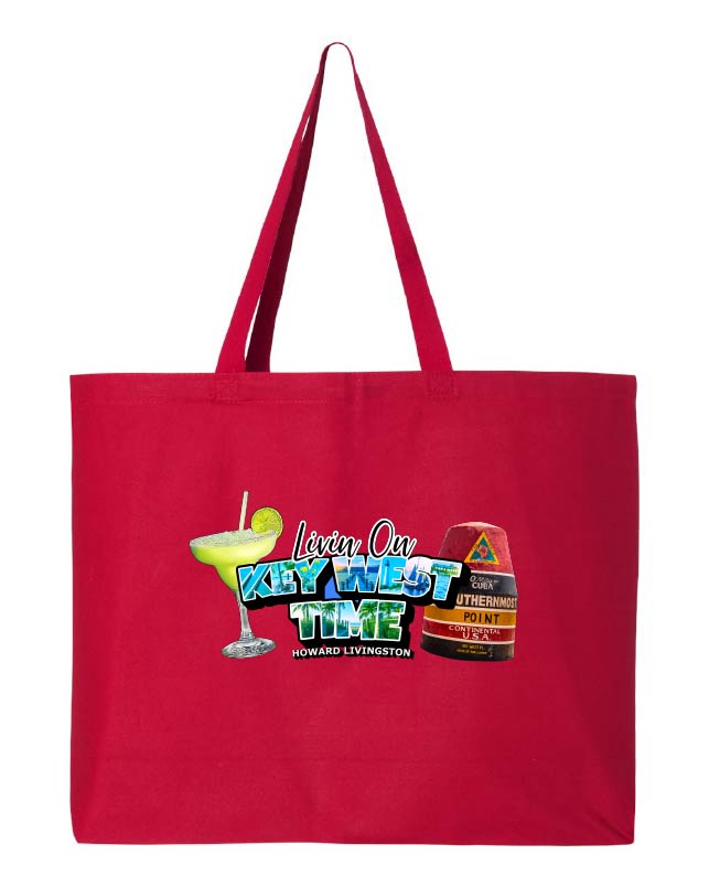Red tote bag with a colorful design featuring a cocktail and southernmost point marker on a white background