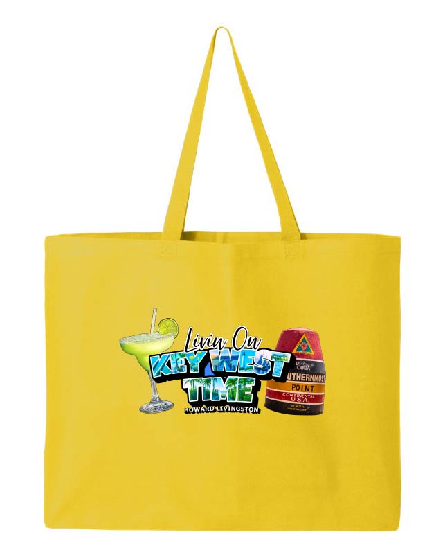Yellow tote bag with a colorful design featuring a cocktail and southernmost point marker on a white background