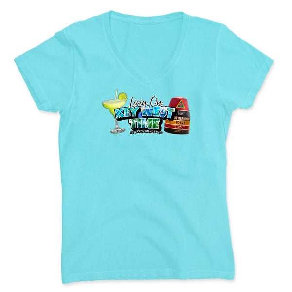Blue t-shirt with a colorful graphic and text reading "Living On Key West Time".