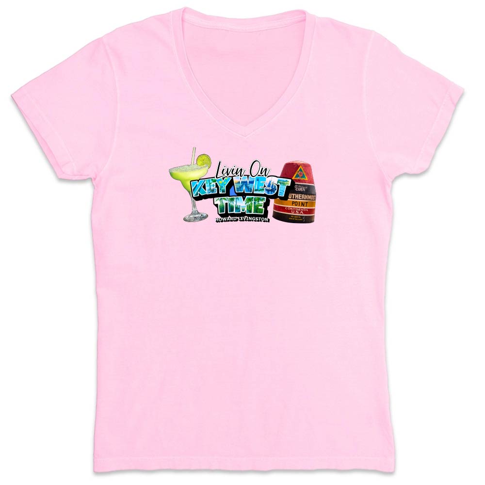 Light pink t-shirt with a colorful graphic and text reading "Living On Key West Time".