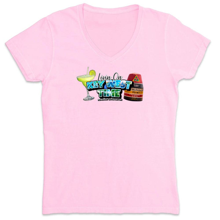 Light pink t-shirt with a colorful graphic and text reading "Living On Key West Time".