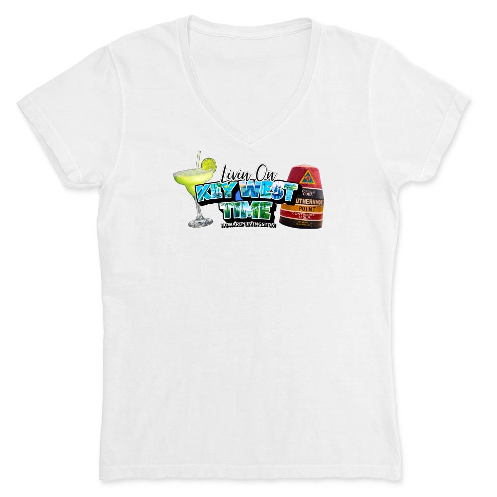 White t-shirt with a colorful graphic and text reading "Living On Key West Time".