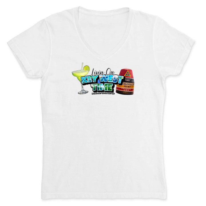 White t-shirt with a colorful graphic and text reading "Living On Key West Time".