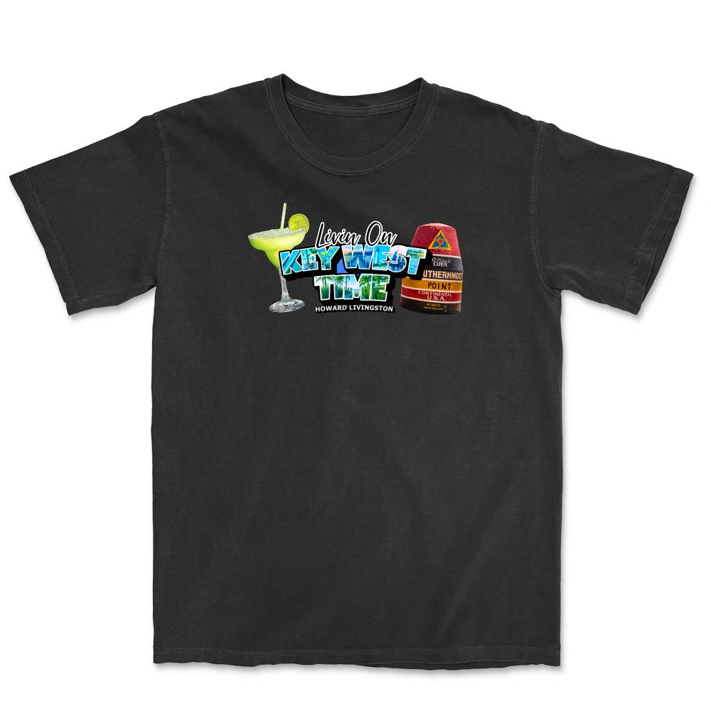 Black t-shirt with a colorful graphic and text reading "Living On Key West Time".