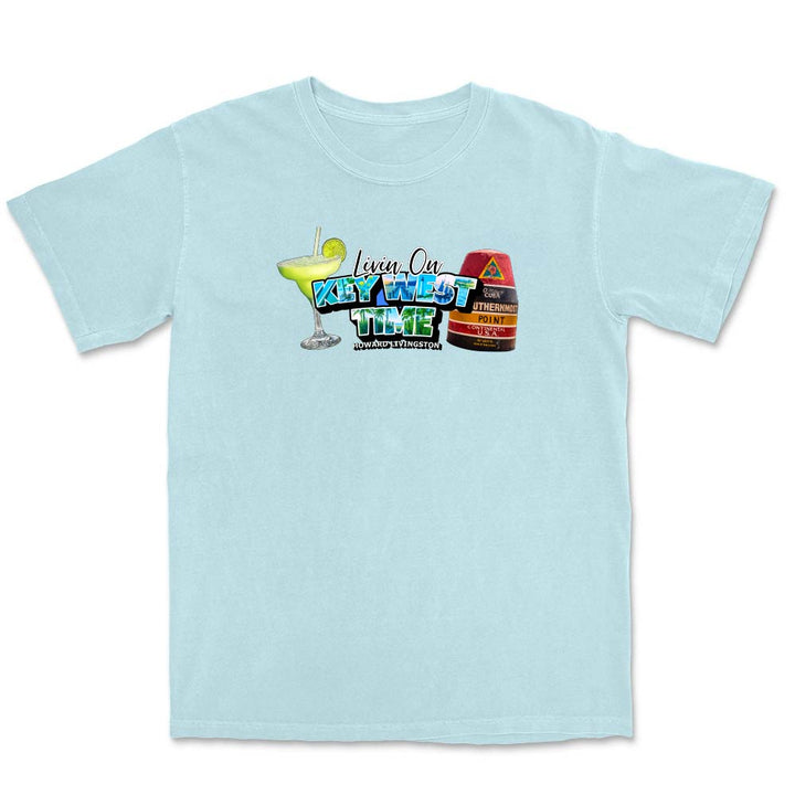 Light Blue t-shirt with a colorful graphic and text reading "Living On Key West Time".