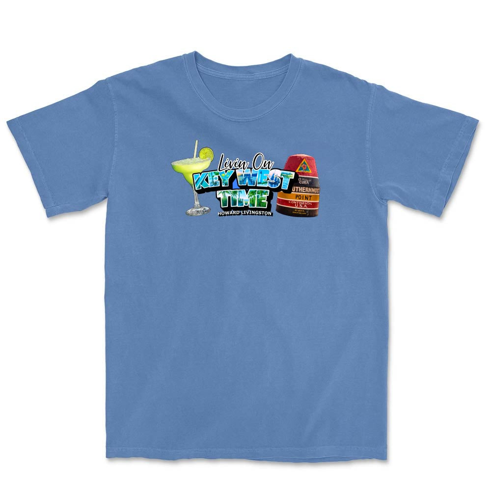 Blue t-shirt with a colorful graphic and text reading "Living On Key West Time".