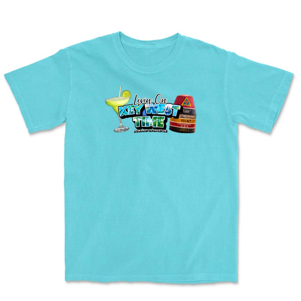Blue t-shirt with a colorful graphic and text reading "Living On Key West Time".
