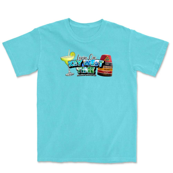 Blue t-shirt with a colorful graphic and text reading "Living On Key West Time".