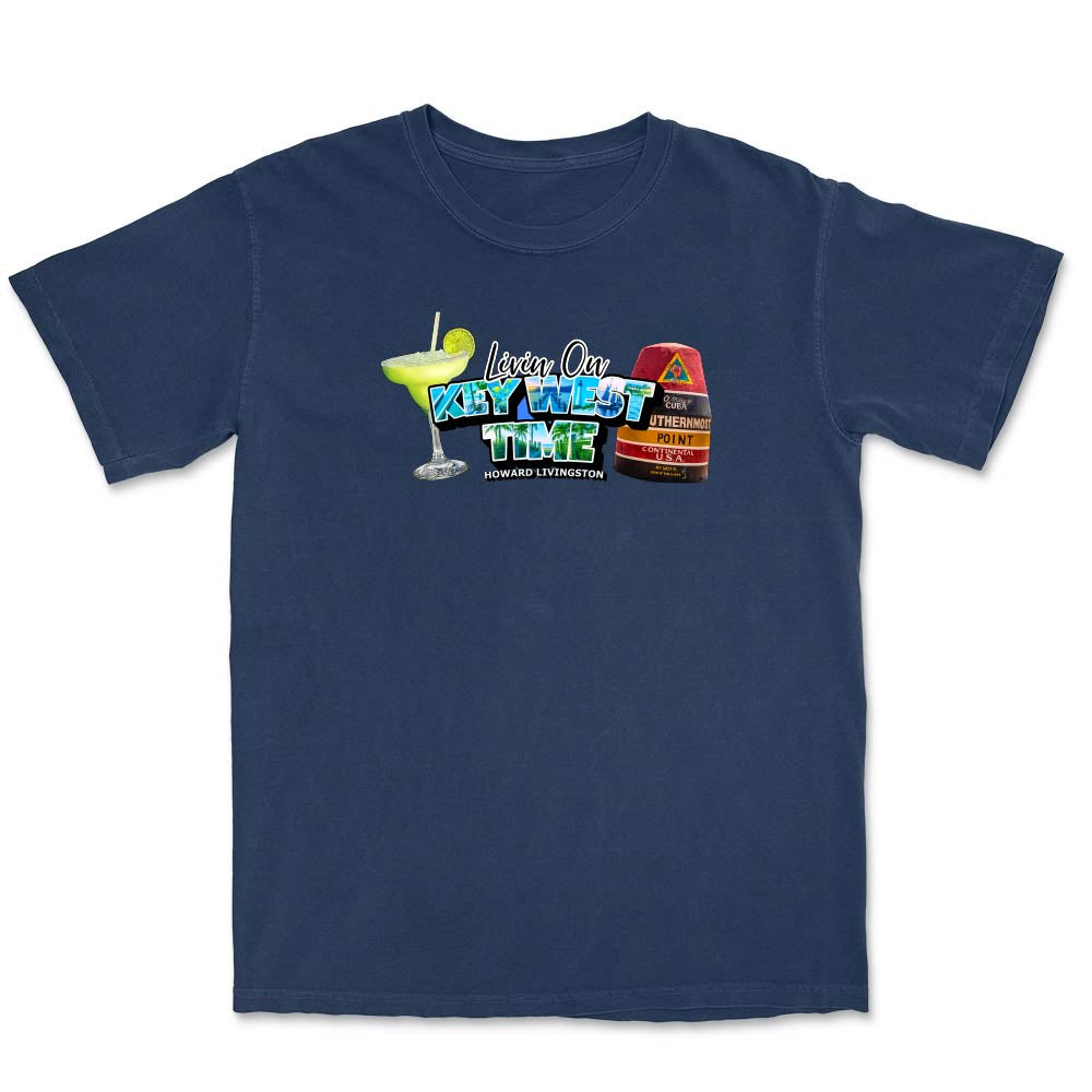 Navy  t-shirt with a colorful graphic and text reading "Living On Key West Time".