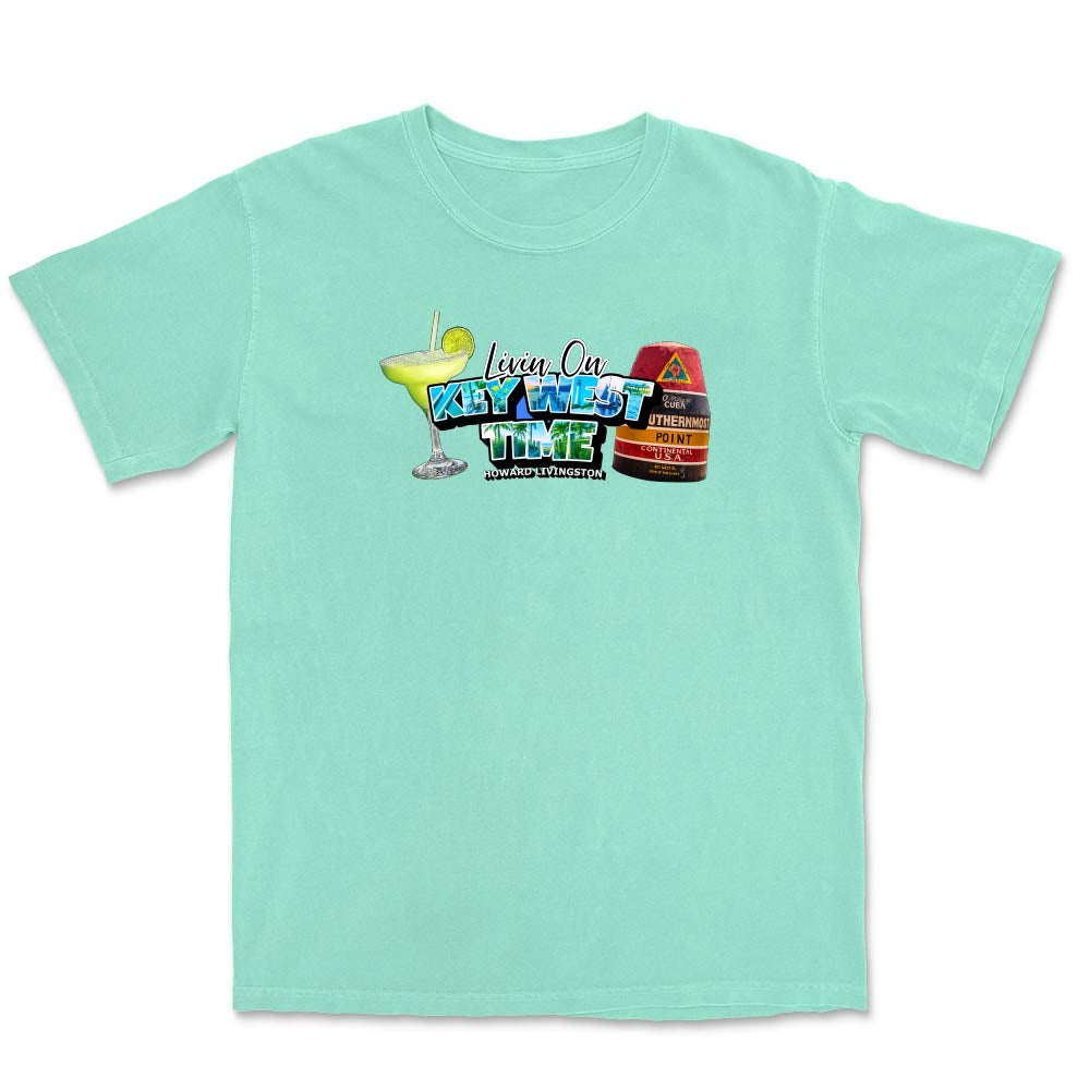 Mint green t-shirt with a colorful graphic and text reading "Living On Key West Time".