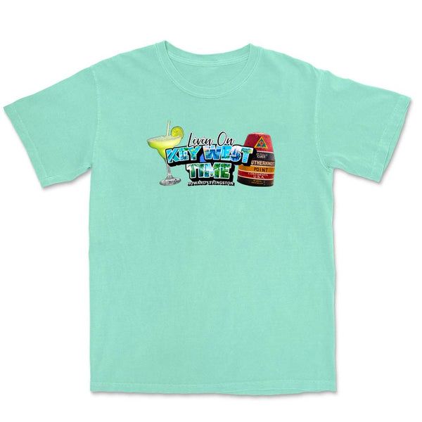 Mint green t-shirt with a colorful graphic and text reading "Living On Key West Time".