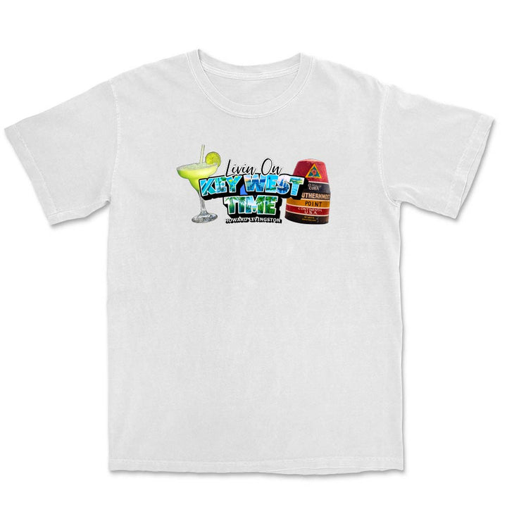 White t-shirt with a colorful graphic and text reading "Living On Key West Time".