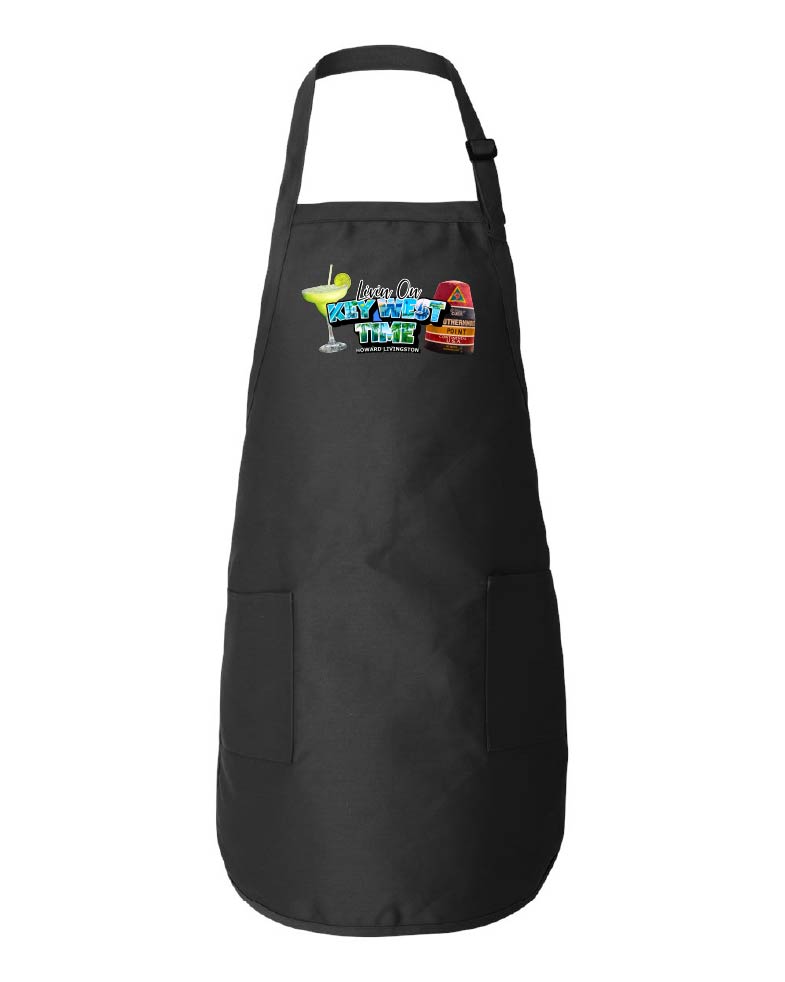 Black apron with colorful graphic on a white background
