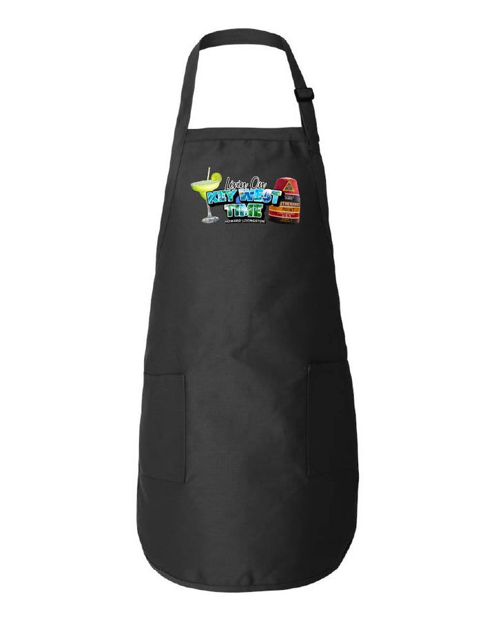 Black apron with colorful graphic on a white background