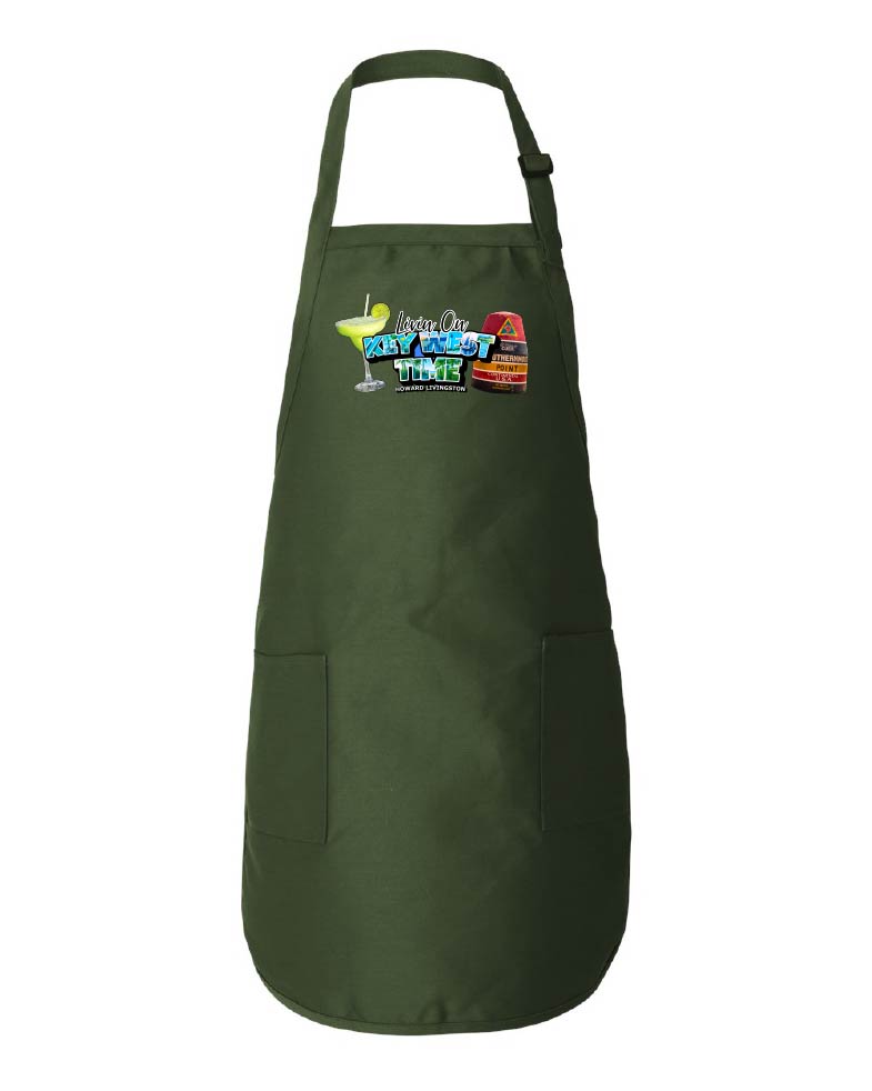 Green apron with colorful graphic on a white background