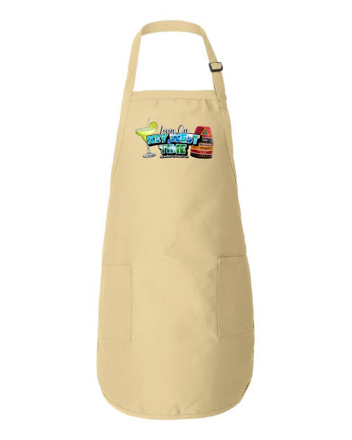 Beige apron with colorful graphic on a white background