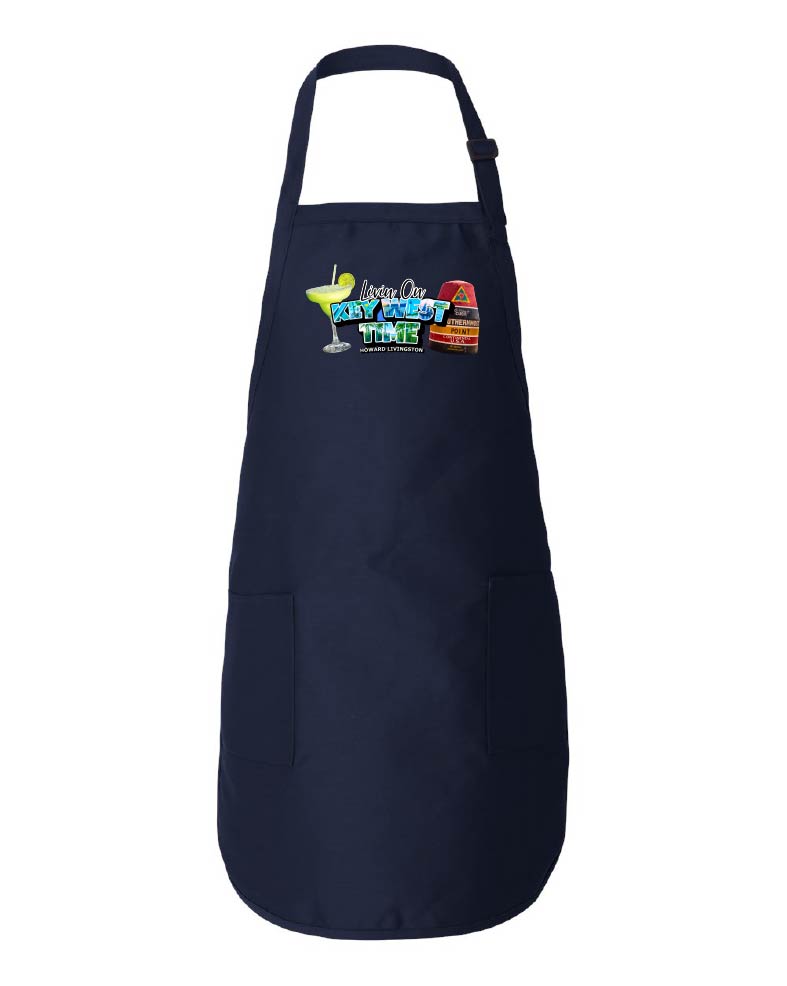 Navy apron with colorful graphic on a white background