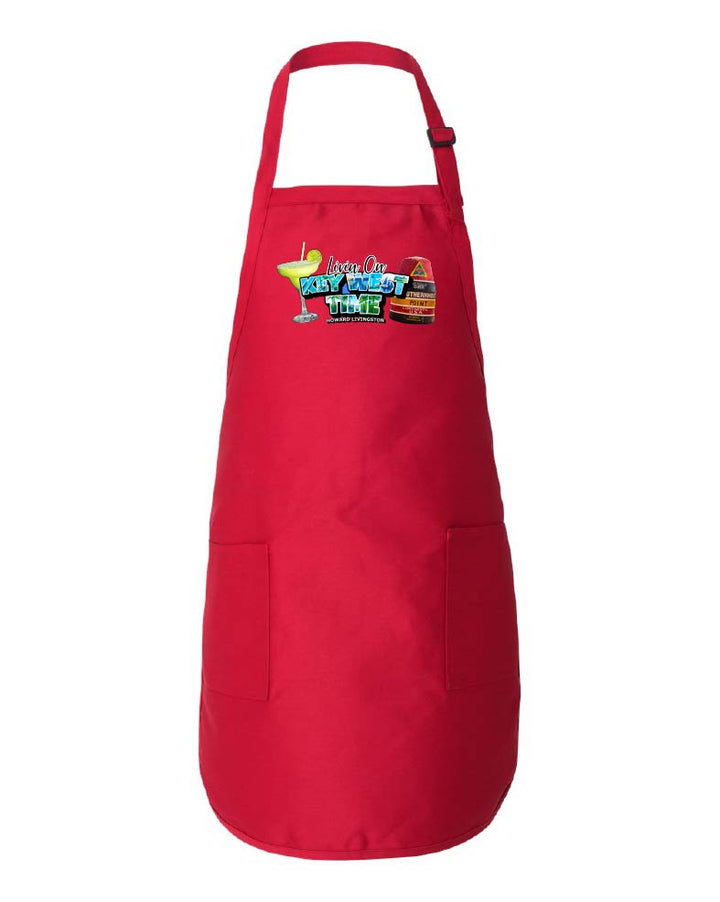 Red apron with colorful graphic on a white background
