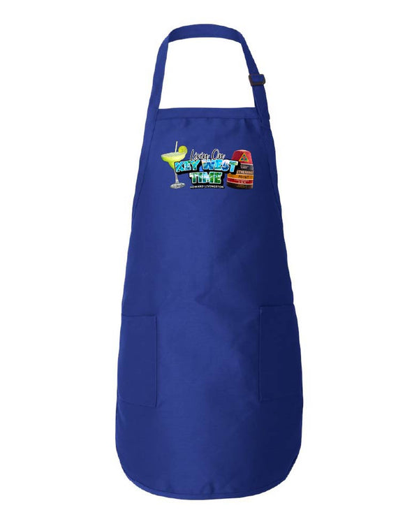 Blue apron with colorful graphic on a white background