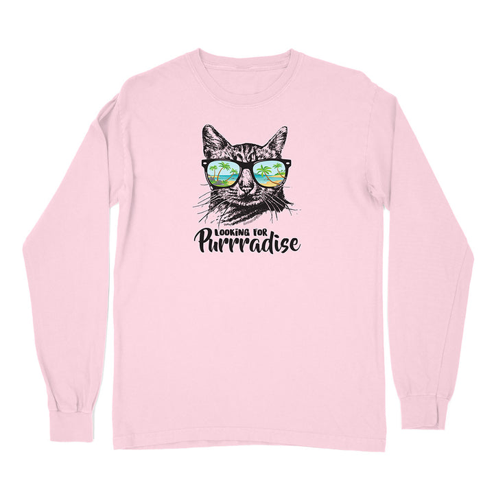 Pink long-sleeve shirt with a cat graphic and text on a white background