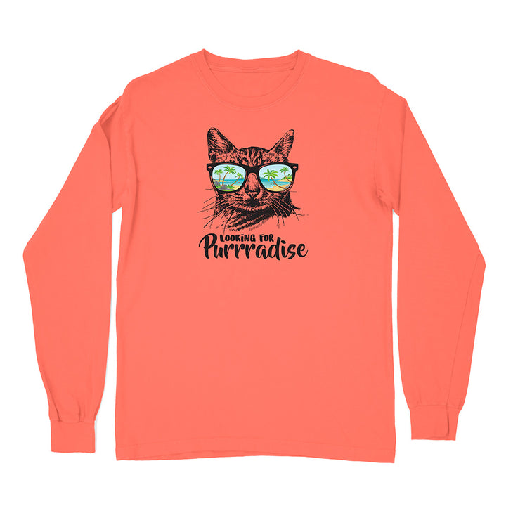 Coral long-sleeve shirt with a cat graphic and 'Looking for Purrradise' text on a white background