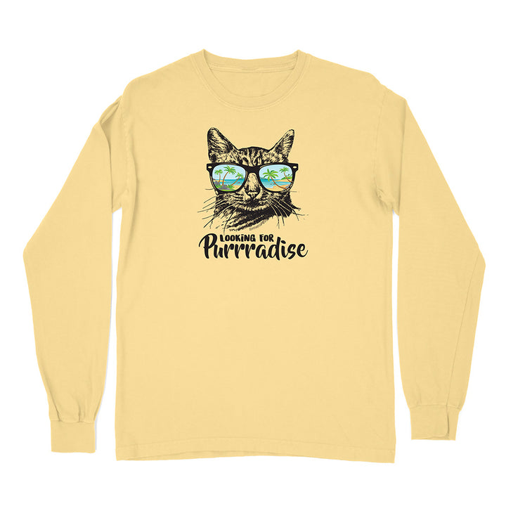 Yellow long-sleeve shirt with a cat graphic and 'Looking for Purrradise' text on a white background