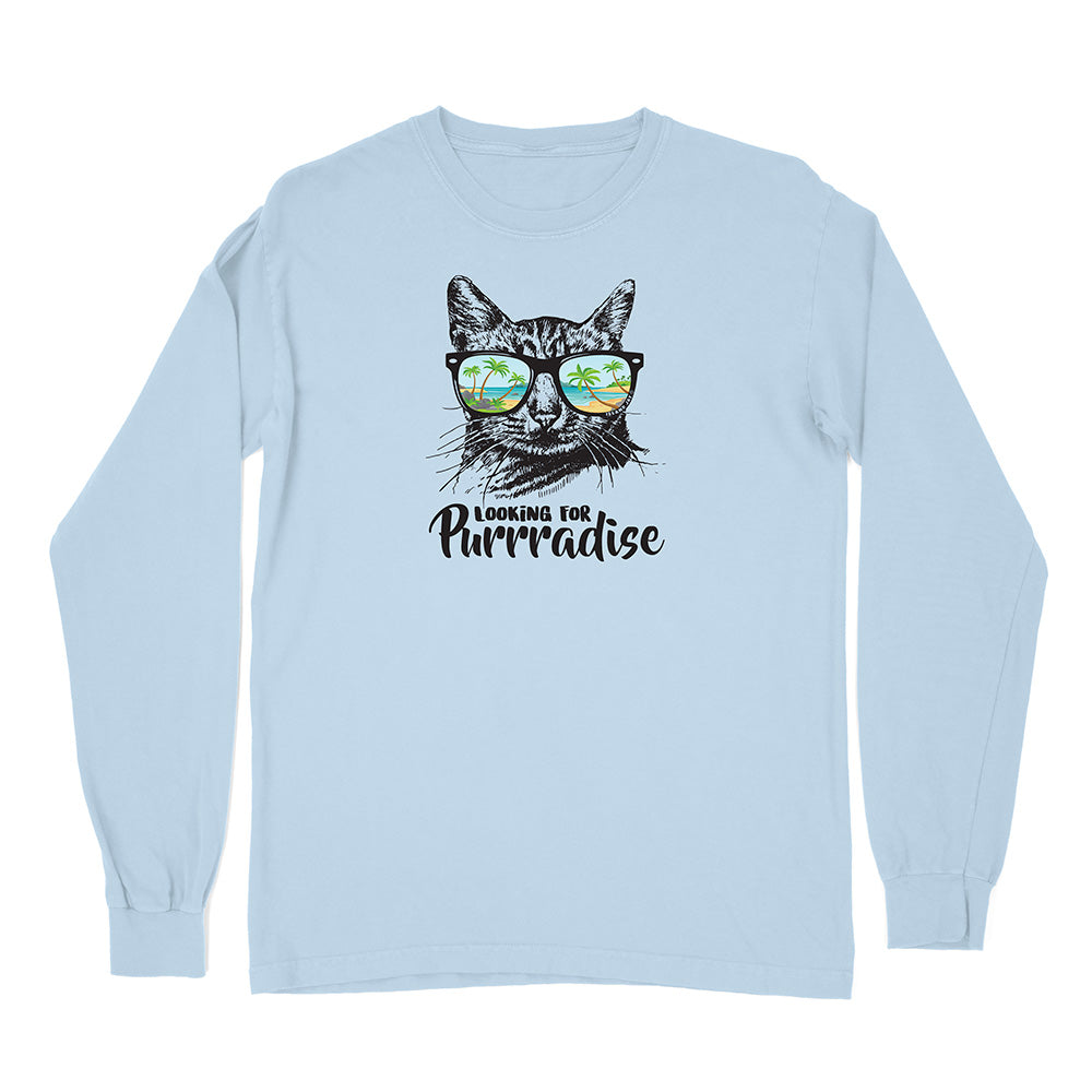 Light blue long-sleeve shirt with a cat graphic and text on a white background