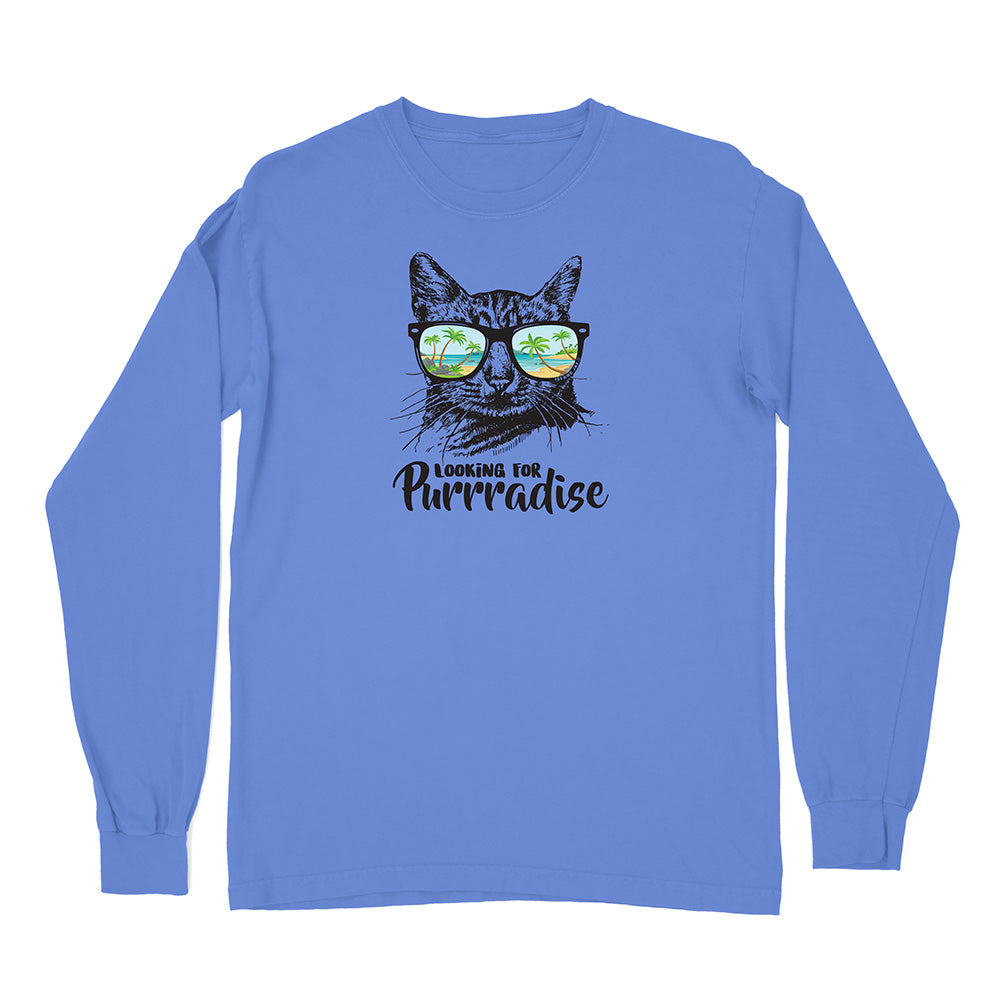 Blue long-sleeve shirt with a cat graphic and 'Looking for Purrradise' text on a white background