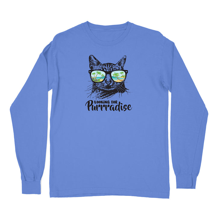 Blue long-sleeve shirt with a cat graphic and 'Looking for Purrradise' text on a white background